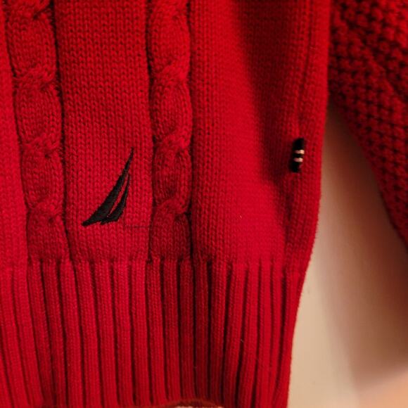 NAUTICA Red Cable Knit Sweater L 100% Cotton Fisherman Ribbed Preppy Dadcore - Picture 4 of 8